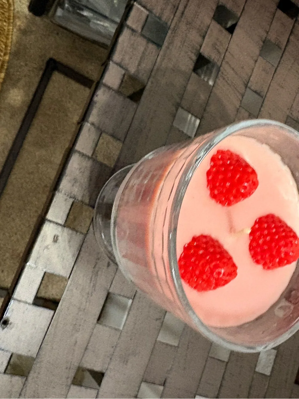 Strawberry Parfait scented pink candle in parfait dish pink w/ red strawberries